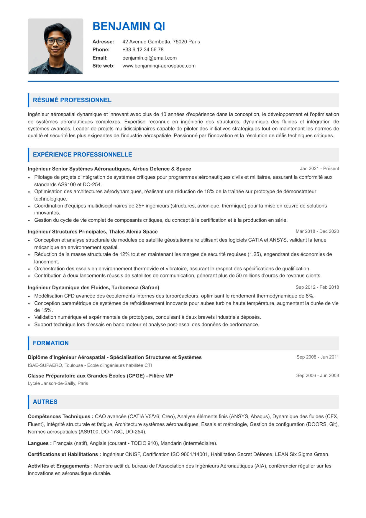 Modèle de CV Airbus — sobre et compatible ATS