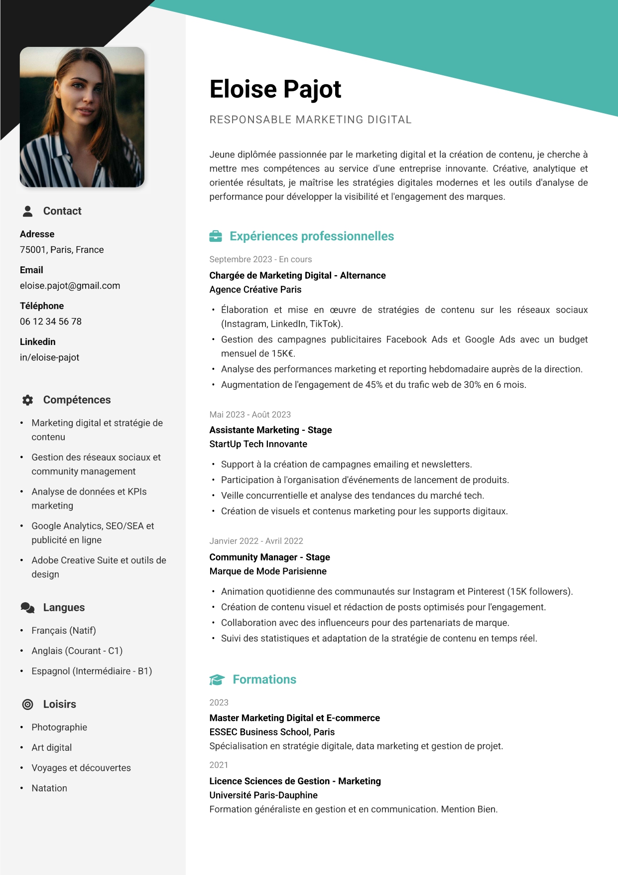 CV pour coiffeur studio mode et editorial